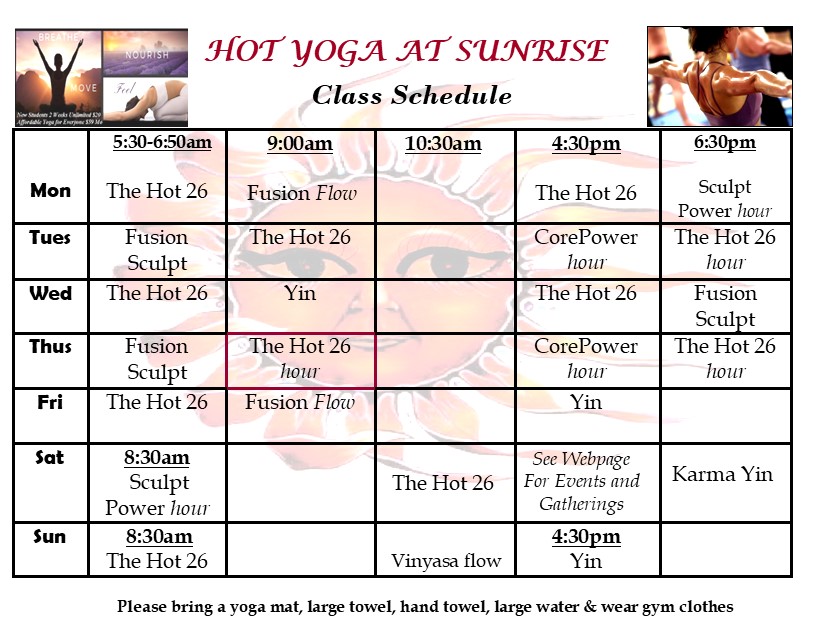 Hot Yoga Class Schedule International